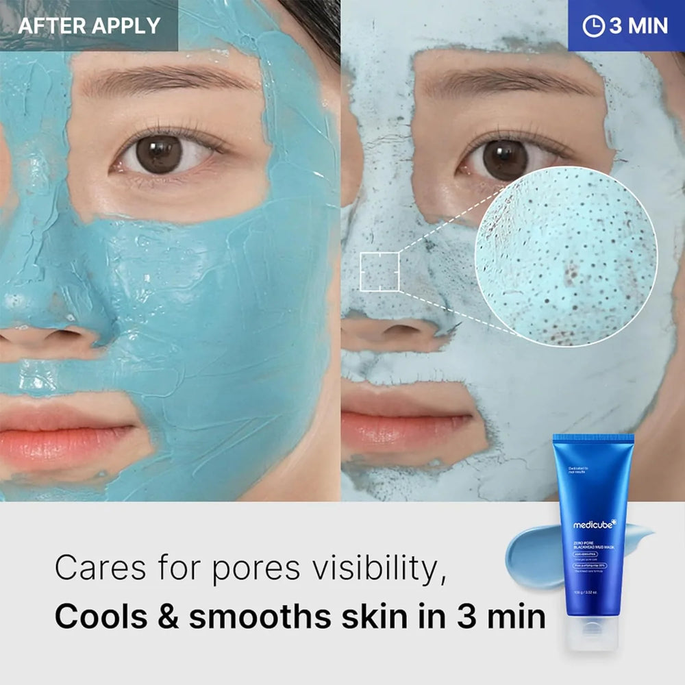 Facial mask application process with close-up of skin texture and product packaging.