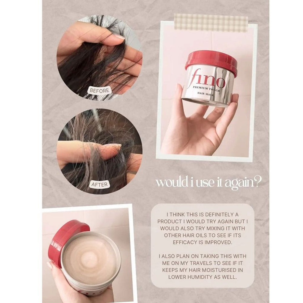 A promotional collage for a hair oil product showing hands holding a silver jar with a red lid labeled 'fino hair oil', alongside before-and-after circular photos of dark hair and a text box with customer feedback on a beige textured background.