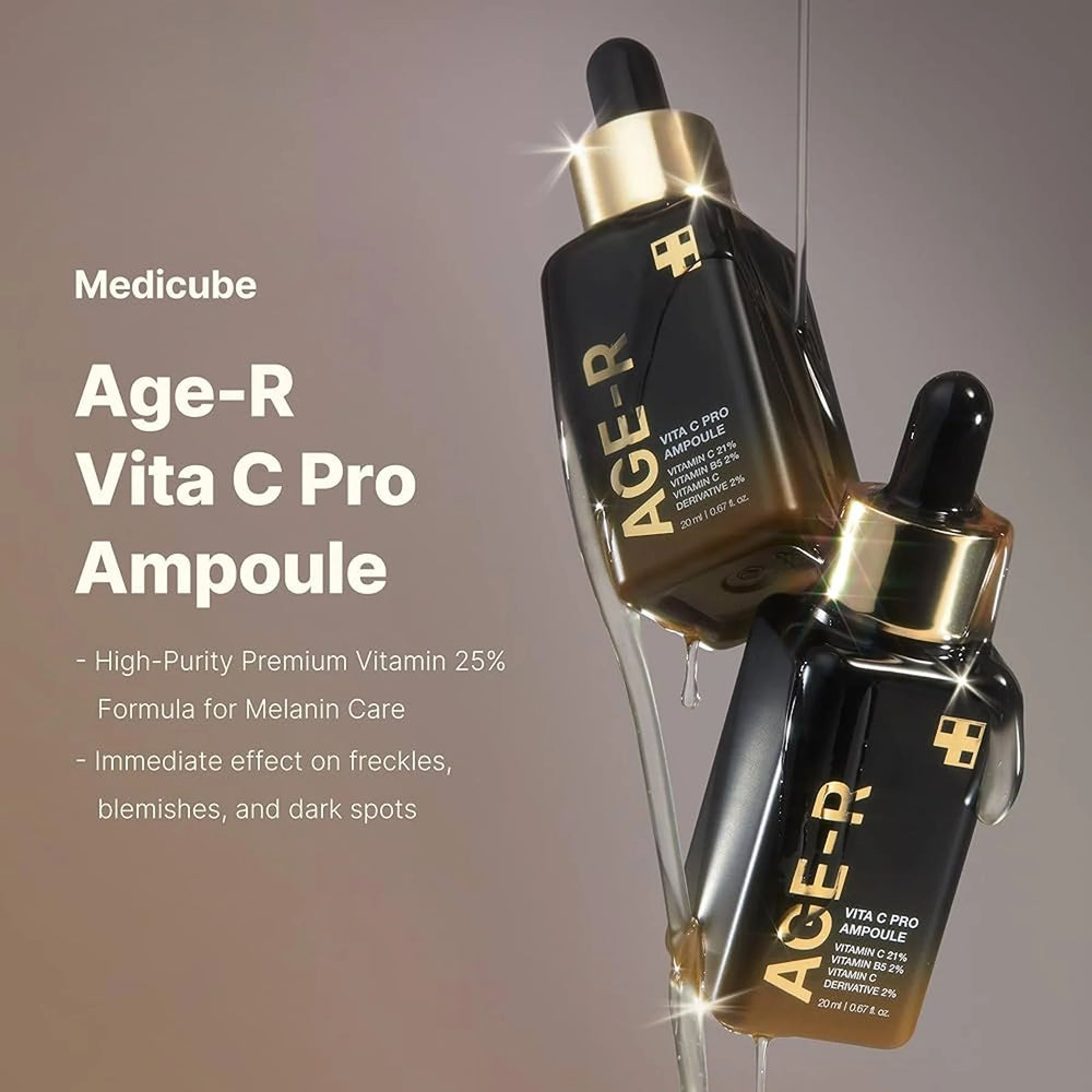 Medicube Age-R Vita C Pro Ampoule bottles with droppers on a gradient background