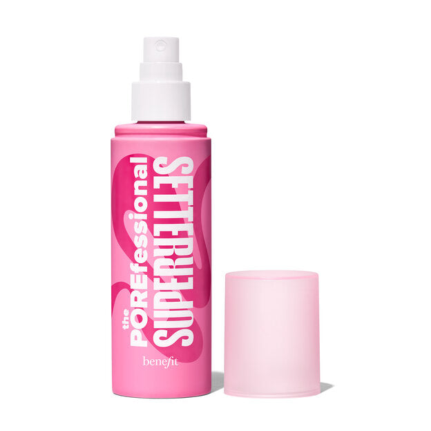 Benefit Super Poreless setting spray bottle with cap on a white background