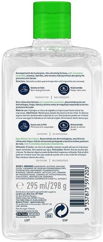 The back of a clear plastic bottle of Aquapor Water Purifying Mask, showing detailed Spanish text, ingredients, and a barcode on a white background.CERAVE MICELLAIR 295ML)