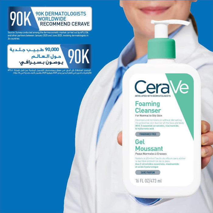 A person in a white lab coat holds a bottle of CeraVe Foaming Cleanser against a blue background with promotional text. The bottle is white with a green pump and green/teal label accents.Cerave Foaming Facial Cleanser 473ml