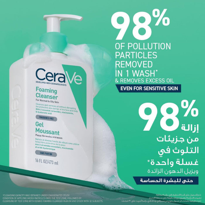 CeraVe foaming cleanser bottle with text about pollution removal on a green background.Cerave Foaming Facial Cleanser 473ml