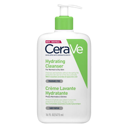 CeraVe Hydrating Cleanser in a 16 fl oz pump bottle. The bottle is white with a bright green cap and a green diagonal accent on the label, featuring the CeraVe brand name and product details in English and French.