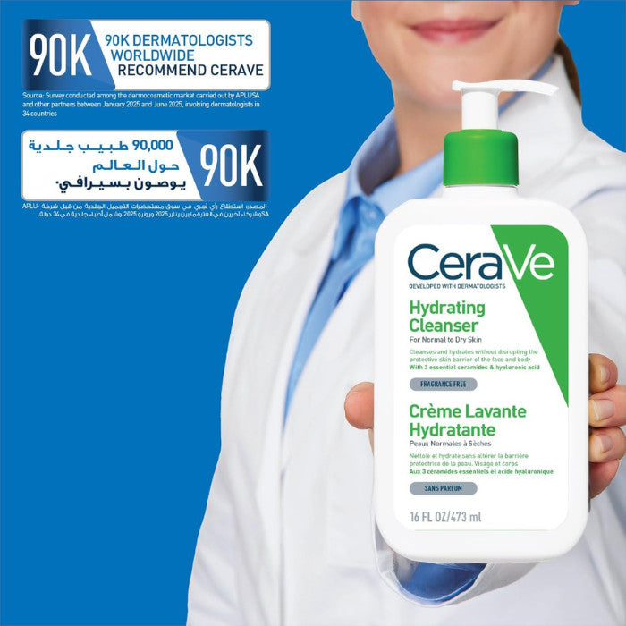 CeraVe hydrating cleanser bottle held by a person with promotional text on a blue background