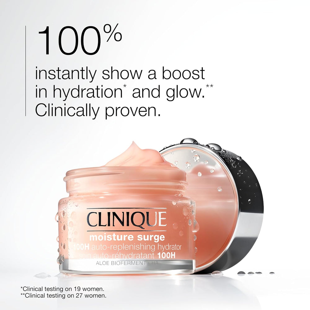 Clinique moisture surge cream jar with text about hydration and glow on a white background