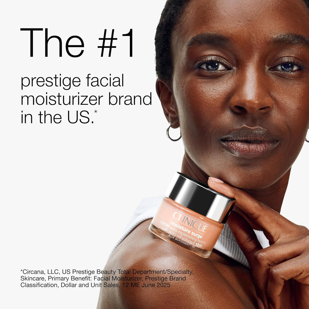 Woman holding a Clinique facial moisturizer jar with text claiming it's the #1 prestige facial moisturizer brand in the US.