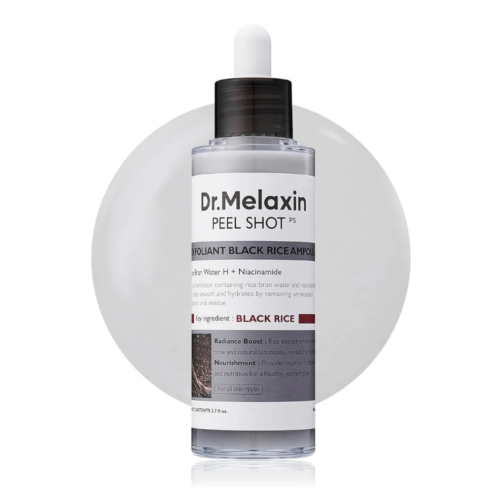 Dr. Melaxin Peel Shot Black Rice Ampoule treatment bottle with a white dropper cap, set against a white background with a large translucent gray circular graphic behind it.