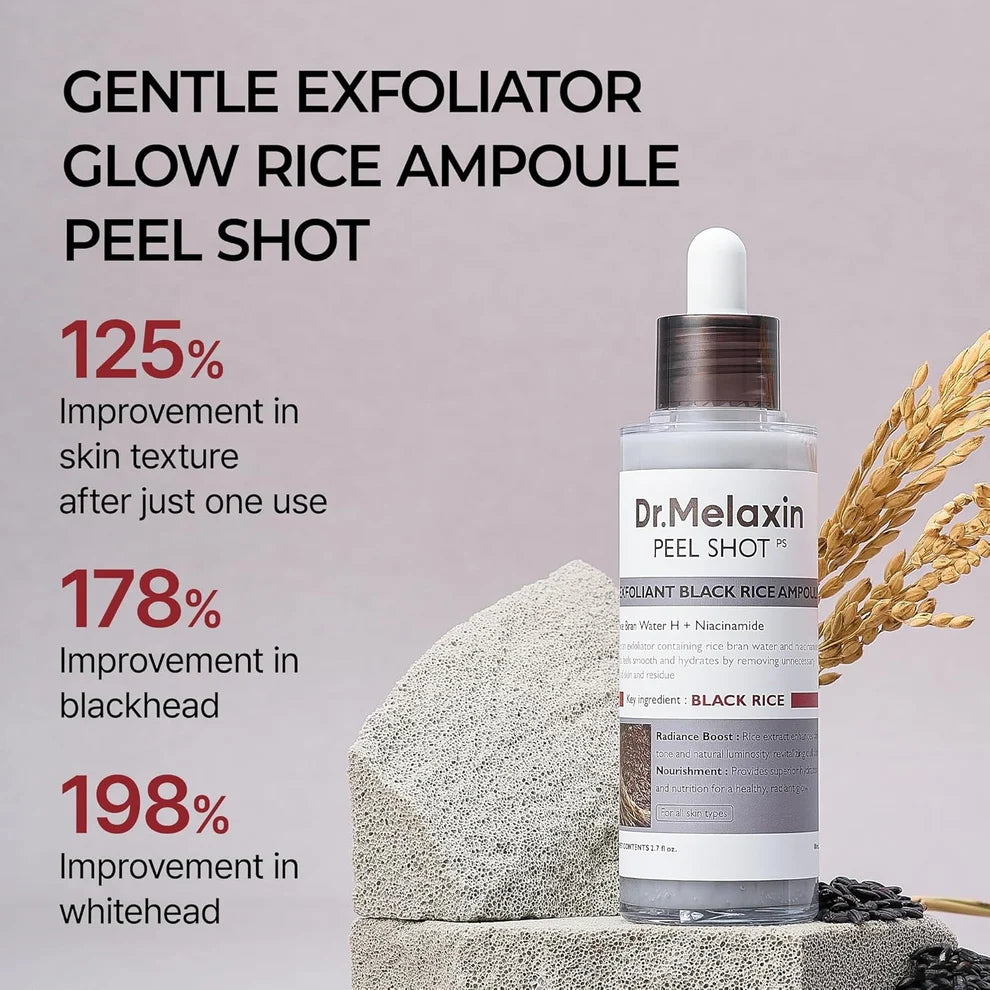 Dr. Melaxin Black Rice Ampoule bottle with text on a gray background
