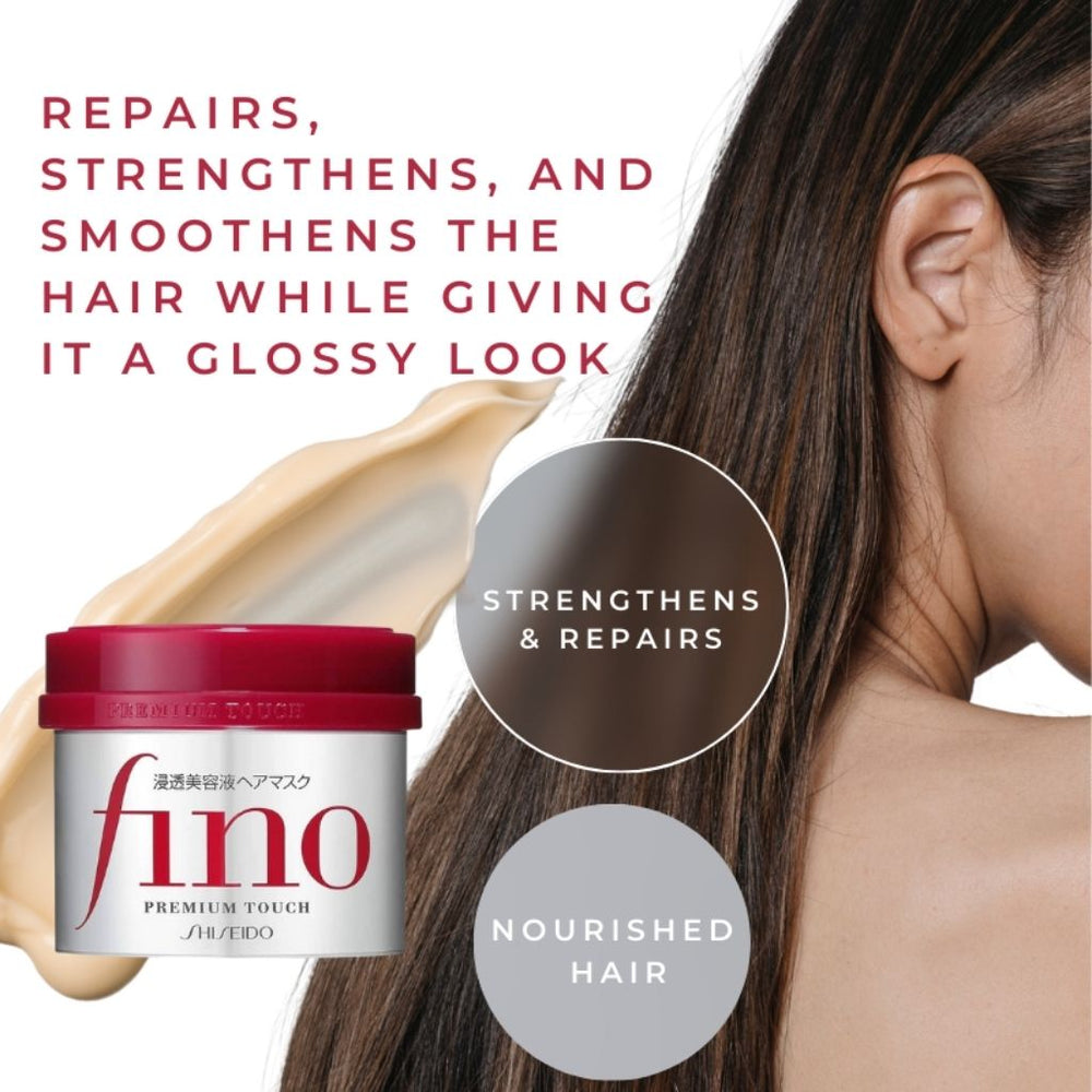 A jar of JIA/EDO fino Premium Touch hair mask is shown next to a woman with long, glossy dark brown hair. The ad includes text describing the hair repair and strengthening benefits, along with circular callouts highlighting key features.