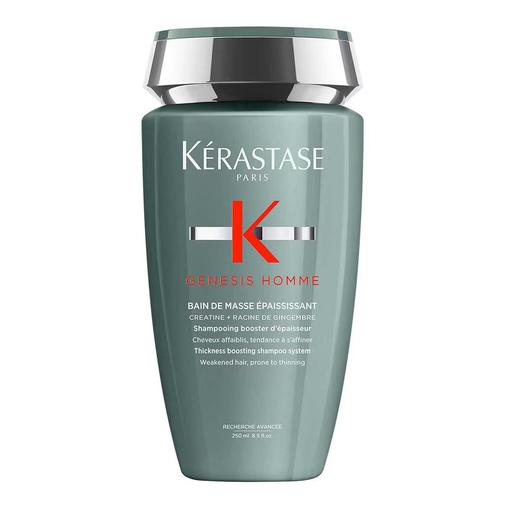 Kérastase Paris Genesis Homme Thickening Shampoo in a 700 ml bottle, featuring a sage green body and a metallic silver cap.