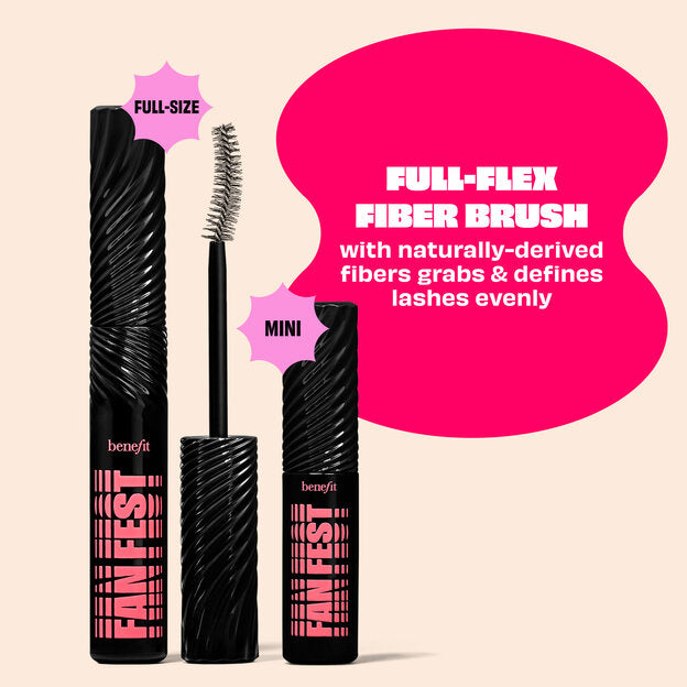 Benefit Full-Flex Fiber Brush mascara shown in three sizes: a large full-size tube, a mini tube, and the applicator wand. The products are arranged against a light beige background with a bright pink graphic bubble containing product text.