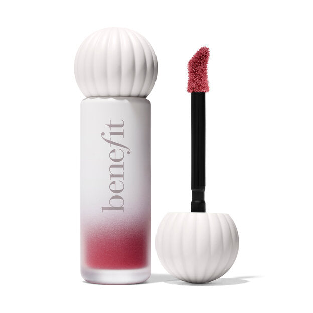 Benefit Lip Tint in the shade Purrr, showing the frosted white ribbed bottle with a pink gradient at the bottom and the applicator wand with a pink bristle tip on a white background.