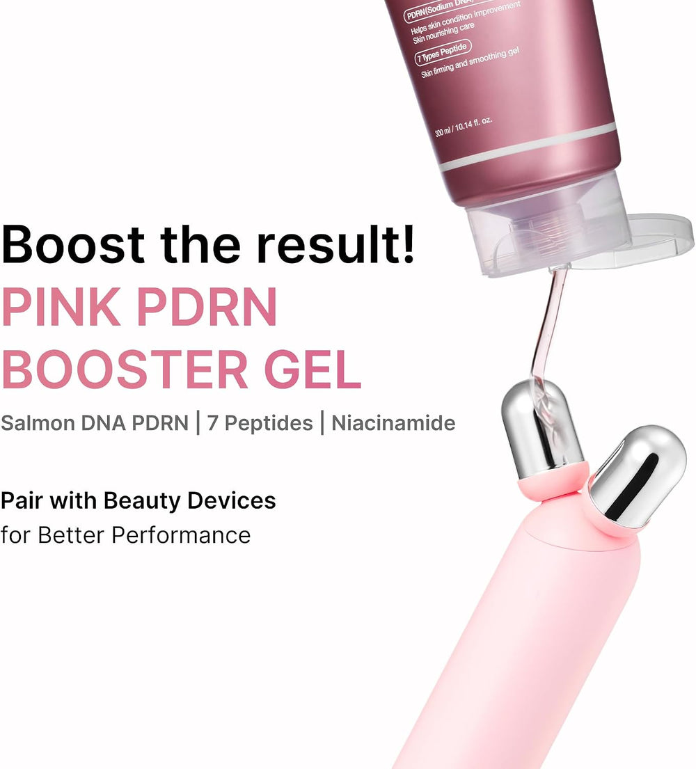 Pink PDRN booster gel shown with a salmon-pink tube dispensing gel into a pink beauty device with silver metal ends, on a white background with promotional text.
