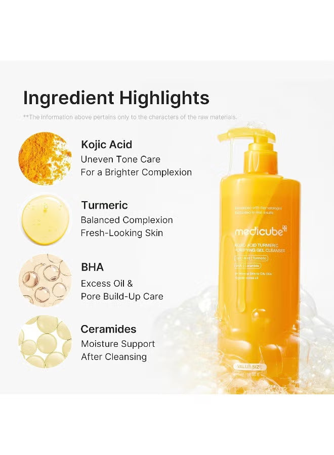 Medicube yellow skincare bottle on a white background with 'Ingredient Highlights' text listing Kojic Acid, Turmeric, BHA, and Ceramides with small ingredient circles.Medicube Kojic Acid Turmeric Gel to Foam Cleanser 500ml brightening face wash