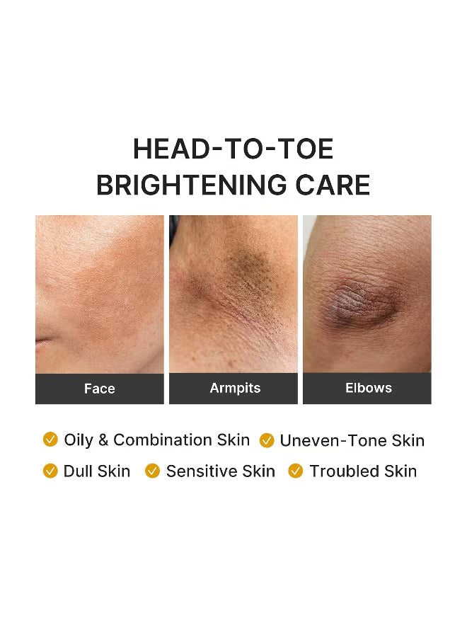 A skincare informational graphic titled 'HEAD-TO-TOE BRIGHTENING CARE' on a white background, showing three close-up skin photos labeled Face, Armpits, and Elbows, plus text listing skin types such as oily & combination skin, dull skin, sensitive skin, and troubled skin.Medicube Kojic Acid Turmeric Gel to Foam Cleanser 500ml brightening face wash