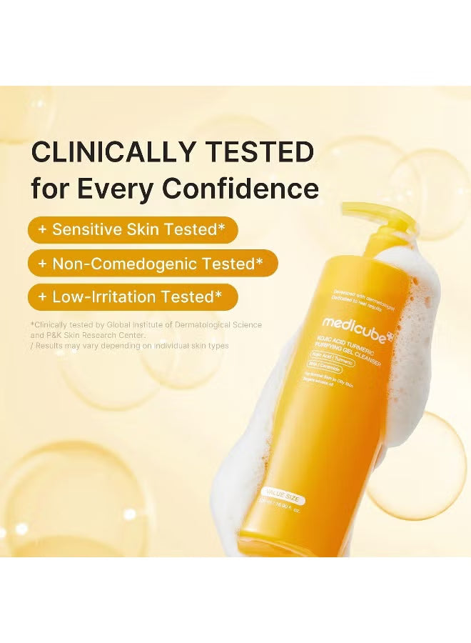 MediCube sensitive skin shampoo in a bright orange bottle, shown with white foam against a soft beige background with floating bubbles and text highlighting clinical testing.Medicube Kojic Acid Turmeric Gel to Foam Cleanser 500ml brightening face wash