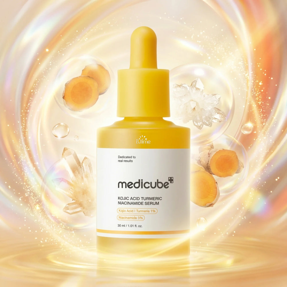 Medicube Kojic Acid Turmeric Niacinamide Serum bottle with a golden background