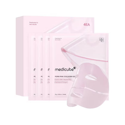 Medicube PORN PINK COLLAGEN GEL facial sheet mask set, showing four individual packets and one large translucent pink sheet mask in front of its light pink packaging box.