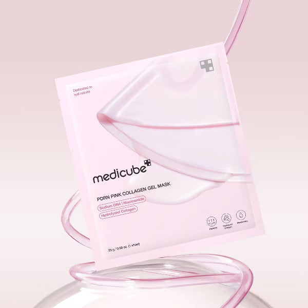 Pink collagen gel mask with Medicube branding on a light pink background