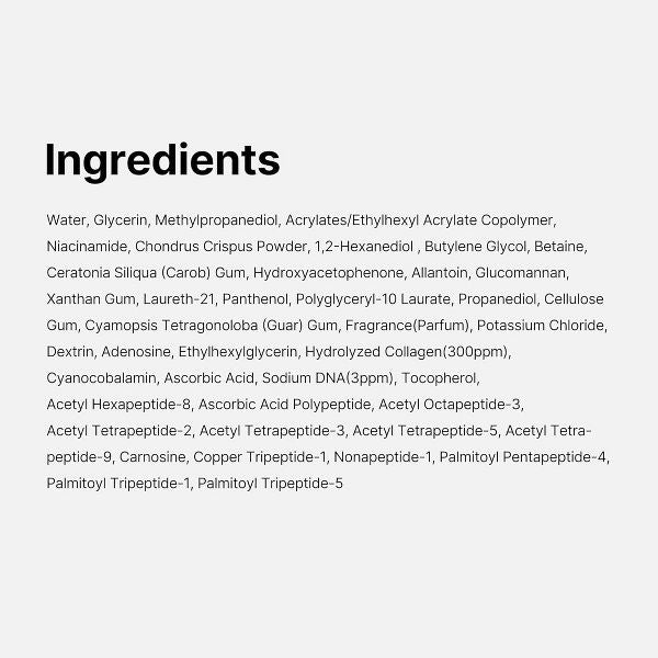 A text-based ingredients list on a light gray background, with the heading 'Ingredients' in bold and multiple lines of small black text naming components such as water, glycerin, methylpropanediol, acrylates, niacinamide, chondroitin, and various peptides and gums.