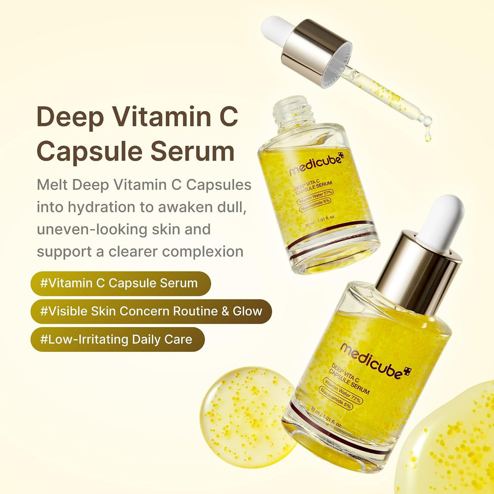 Medicube Deep Vitamin C Capsule Serum with dropper on a light beige background