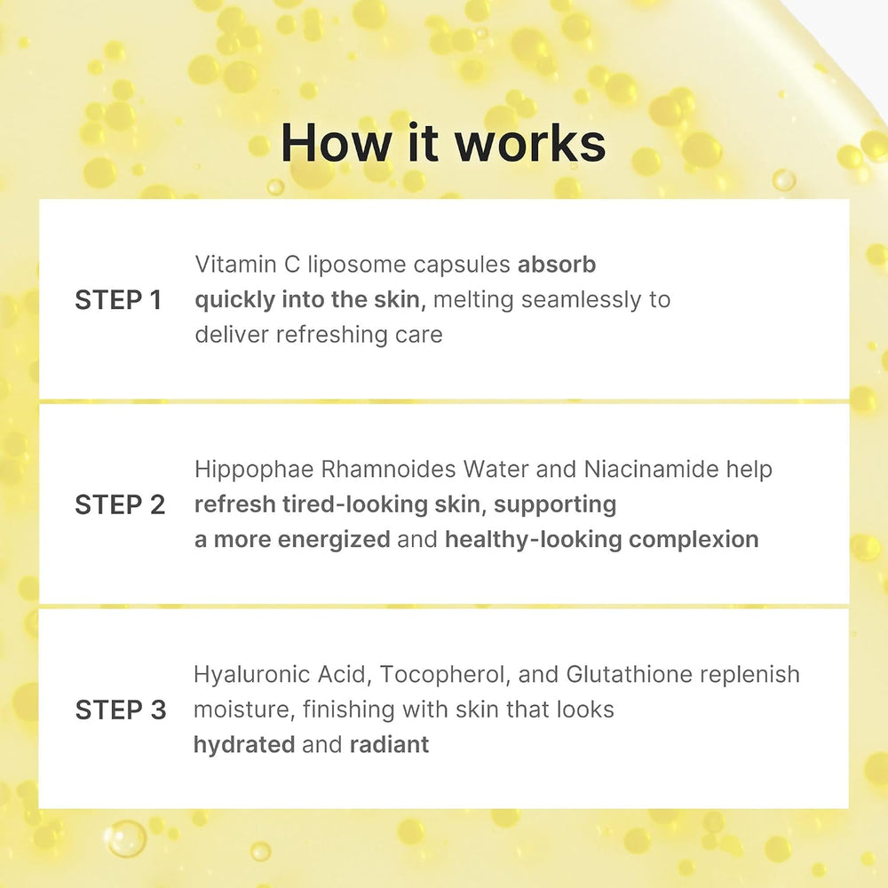 An informational graphic titled 'How it works' on a pale yellow background with a glossy liquid texture. It outlines three steps:medicube Vitamin C liposome capsules absorbing into the skin, Hippoaeae Rhamnoides Water and Niacinamide refreshing tired-looking skin, and Hyaluronic Acid, Tocopherol, and Glutathione replenishing moisture for a hydrated, radiant finish.