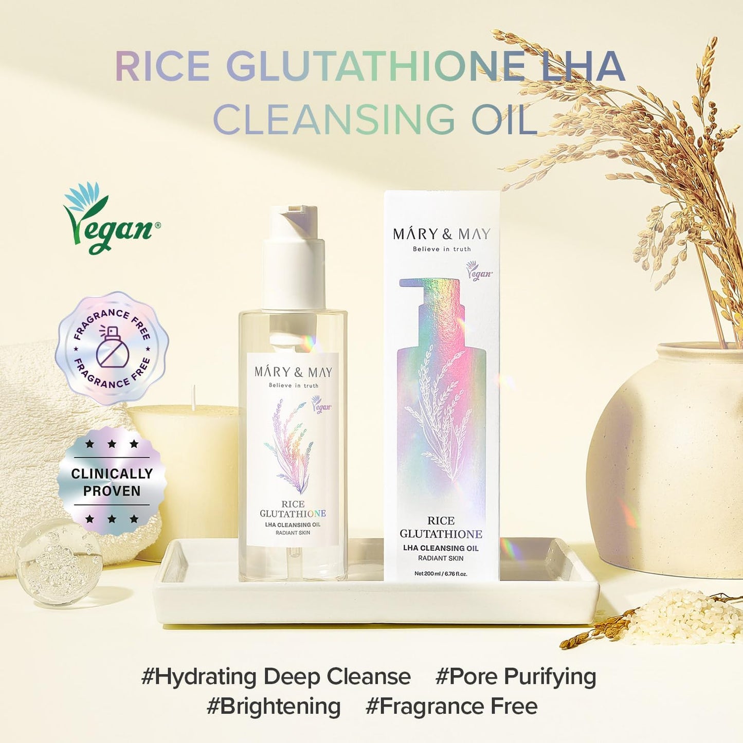 Mary&May Rice Glutathione LHA Cleansing Oil 200ml | Brightening Makeup Remover