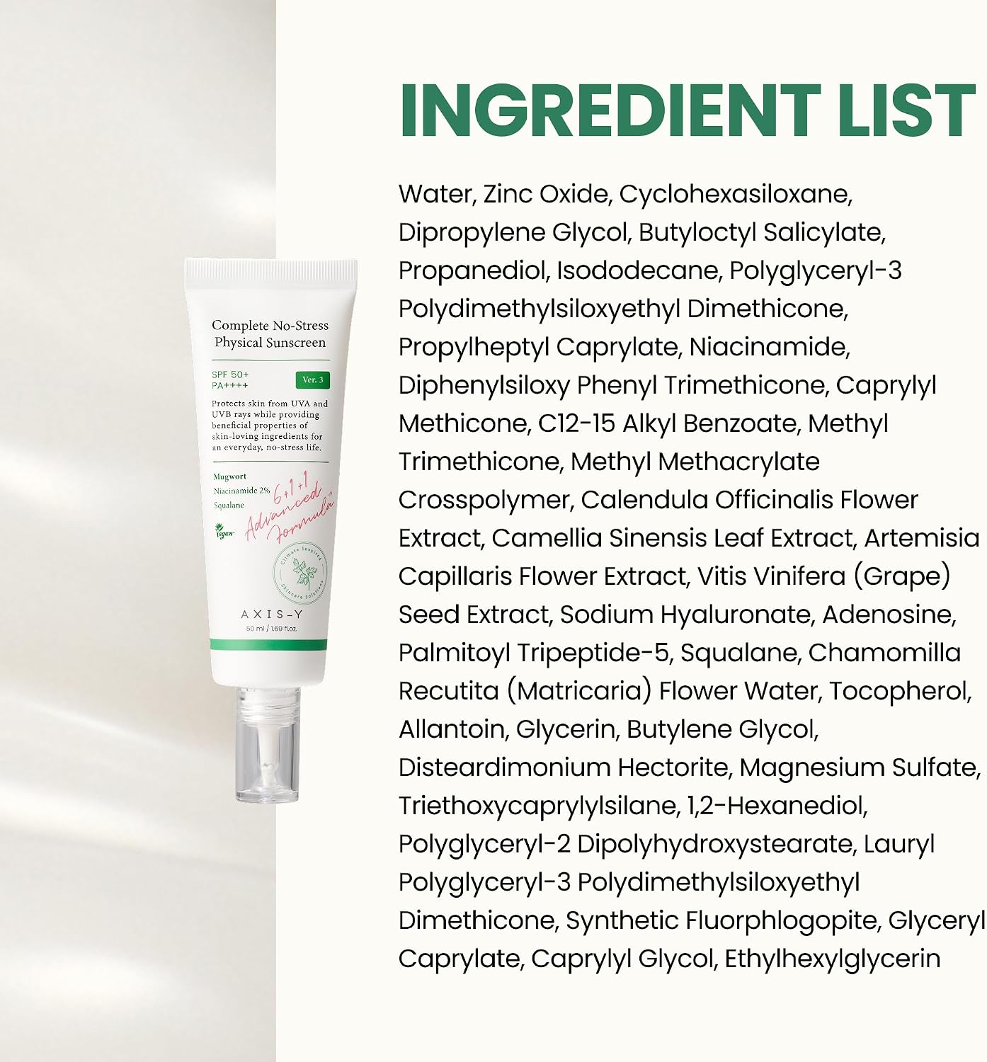 AXIS-Y Sunblock SPF50 50ml | Vegan No White Cast Sunscreen for Daily Wear