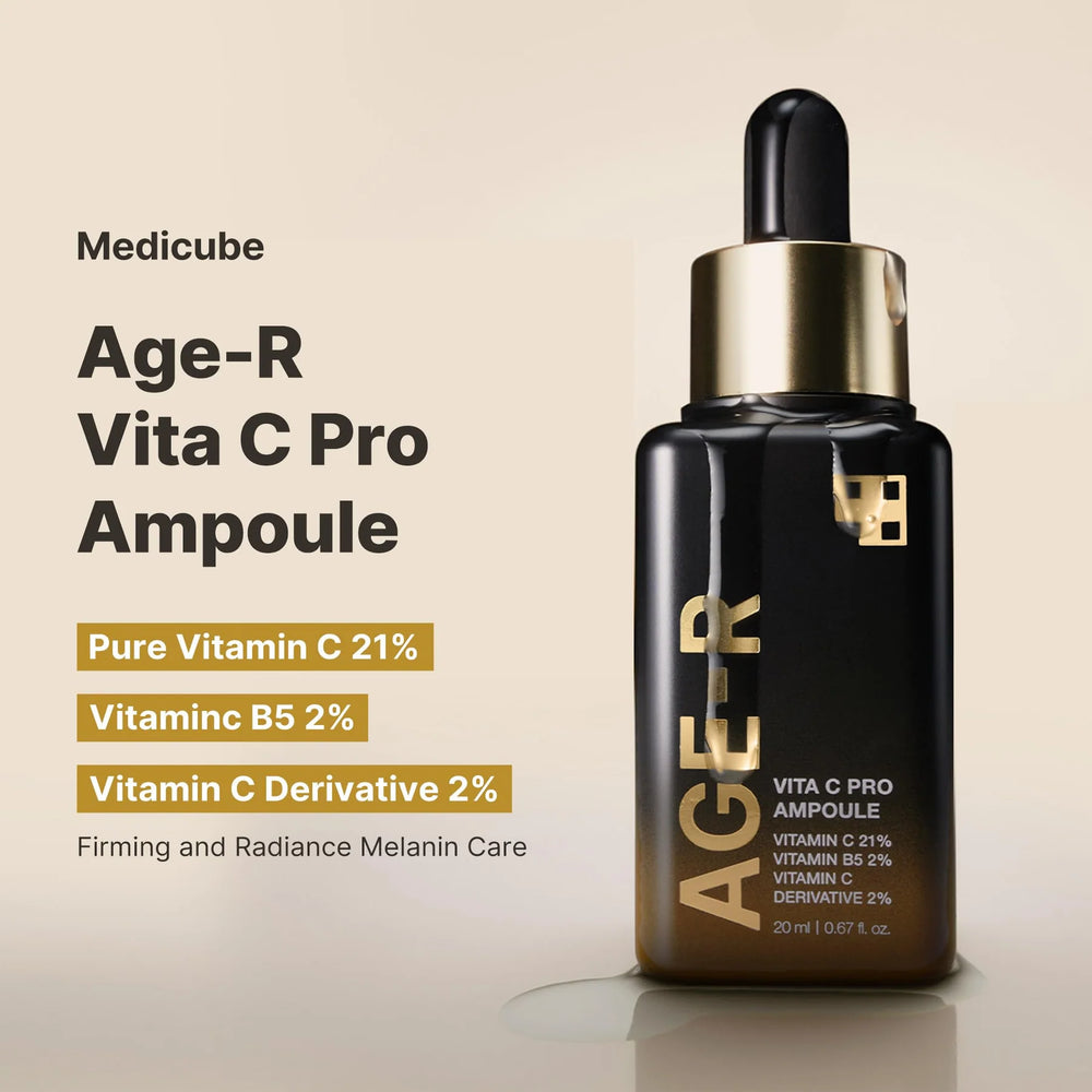 Medicube Age-R Vita C Pro Ampoule bottle on a beige background