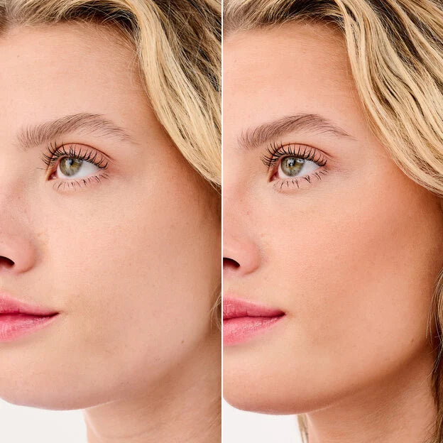 Before and after comparison of a woman's face with Hoola Bronzer application Benefit Hoola Lite Matte Bronzer, 8 gm
