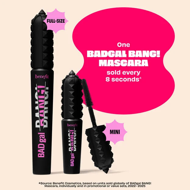 Benefit Badgal Bang! Mascara shown in two sizes: a full-size black tube with pink and white lettering, and a mini black tube with the wand removed. A large bright pink graphic shape contains the text 'One BADGAL BANG! MASCARA sold every 8 seconds.Benefit BADgal BANG Volumizing Mascara