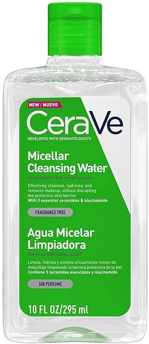 CeraVe Micellar Cleansing Water in a 10 fl oz clear plastic bottle with a green cap and a green and white label.