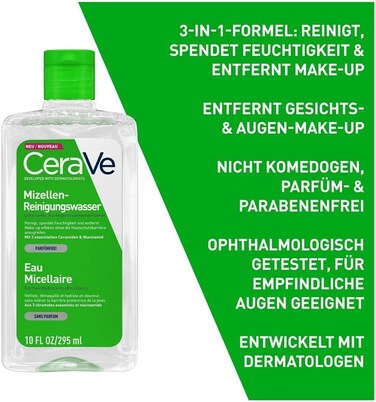 CeraVe Mizellen-Reinigungswasser eye makeup remover bottle on the left, with German promotional text on a green background on the right.