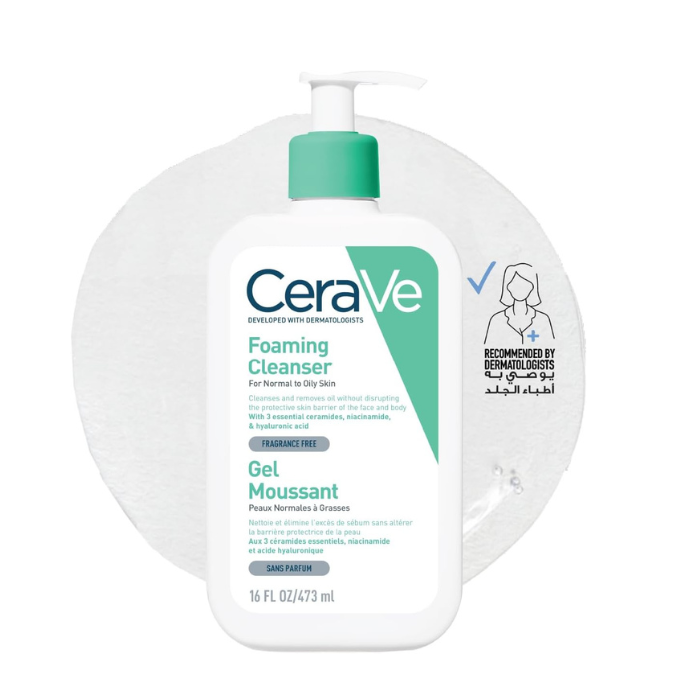 CeraVe Foaming Cleanser in a 16 fl oz pump bottle, shown against a white background with a translucent gel ring behind it.