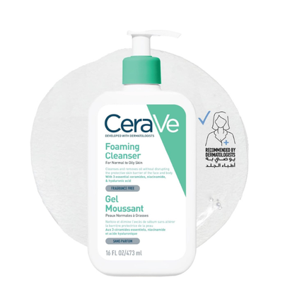 CeraVe Foaming Cleanser in a 16 fl oz pump bottle, shown against a white background with a translucent gel ring behind it.