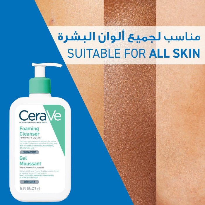 CeraVe foaming cleanser bottle with skin color swatches and text 'Suitable for all skin' on a blue background
