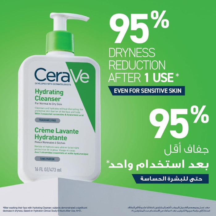 CeraVe hydrating cleanser bottle with text on a green background