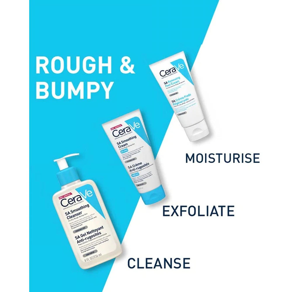 CeraVe skincare products with text indicating their functions on a blue and white background