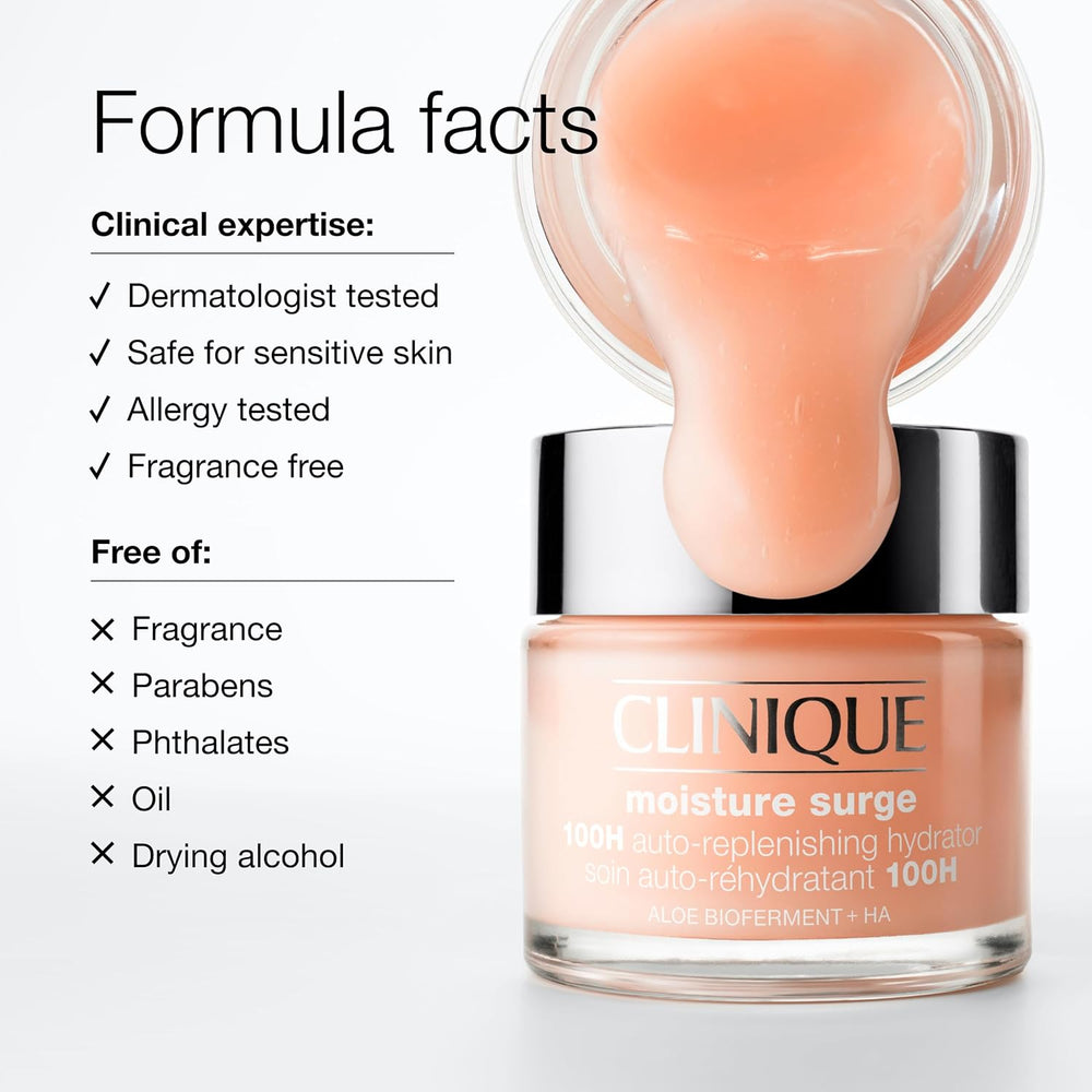 Clinique moisturizer jar with formula facts on a white background