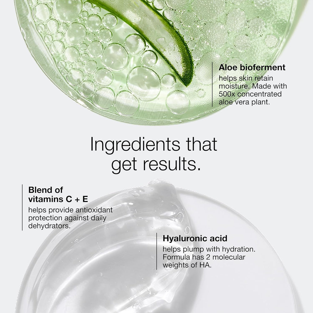A promotional graphic for a skincare product showing translucent green and clear gel textures with text callouts about ingredients: aloe bioferment, a vitamin C + E blend, and hyaluronic acid, on a light gray background.