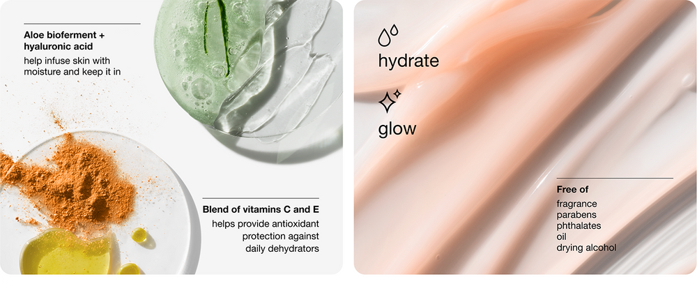A split-panel skincare marketing graphic with text callouts. The left panel shows a translucent green gel, an orange powder blend in a dish, and a yellow oil droplet with descriptive copy.Clinique Moisture Surge 100H Auto-Replenishing Hydrator Oil Free Face Moisturizer | With Hyaluronic Acid