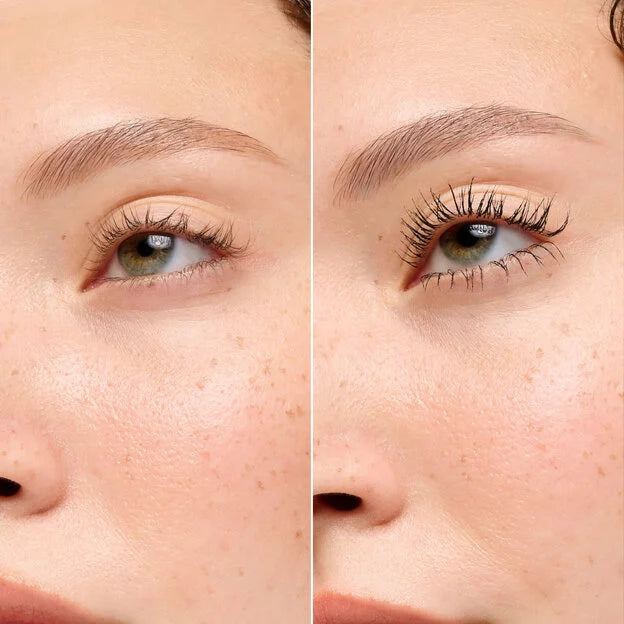 Close-up before-and-after comparison of a woman's eye, showing natural eyelashes on the left and enhanced, longer, and more curled eyelashes on the right.Fan Fest Fanning & Volumizing Mascara