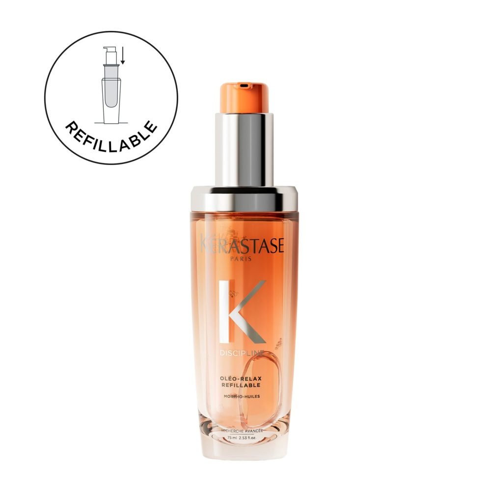 Kerastase Paris Clés Relax Refillable hair oil in a clear bottle showing the peach-colored oil inside, with a silver pump and orange cap. A circular graphic in the top left indicates the refillable bottle.