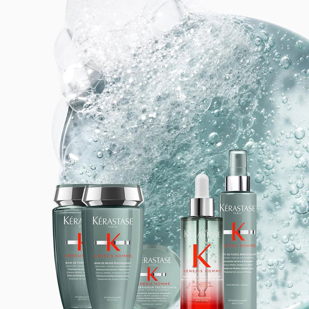 Kérastase hair care products with a water droplet background