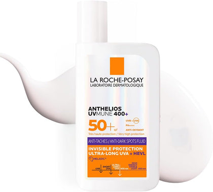 La Roche-Posay Anthelios UVMune 400+ SPF 50+ Invisible Protection Ultra-Long UVA + HEVL fluid sunscreen in a white bottle with orange and purple accents, set against a white background with a soft white teardrop shape.