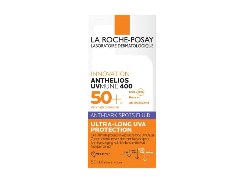La Roche-Posay Anthelios Uvmune 400 Anti-Dark Spots Fluid sunscreen bottle, 50 ml, featuring a white, orange, and purple color scheme on a white background.