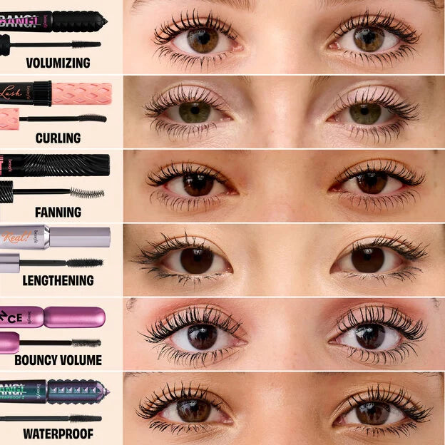 A collage showing multiple close-up views of a woman's eyes wearing mascara, alongside product shots of several mascara tubes with labels including Volumizing, Curling, Fanning, Lengthening, Bouncy Volume, and Waterproof.Benefit BADgal BANG!Volumizing Mascara