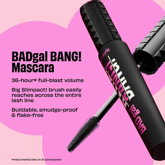 Benefit Badgal BANG! Mascara shown in a black tube with pink and white lettering, alongside the brush wand, on a bright pink background with product feature text.