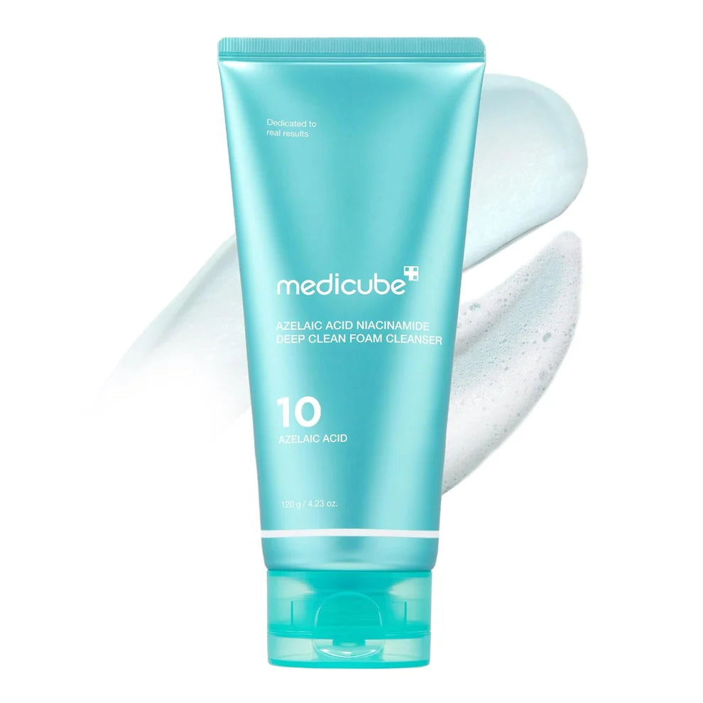 Turquoise tube of Medicube cleanser on a white background